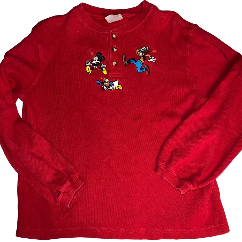 Vintage Disney red Waffle Knit henley Mickey Mouse,Donald,long sleeve boy size L